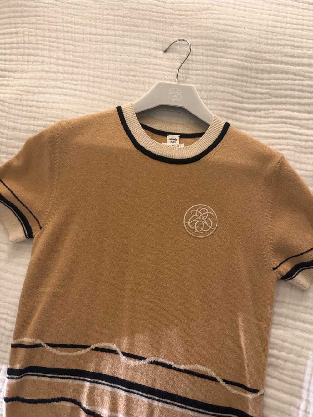 Hermes Tan Short Sleeve Knit Tee with Black & Cream Trim